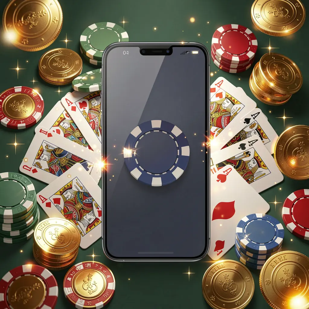 TOP003 mobile gaming application concept showing a smartphone surrounded by playing cards, roulette chips, gold coins, and sparkling lights in a premium casino style