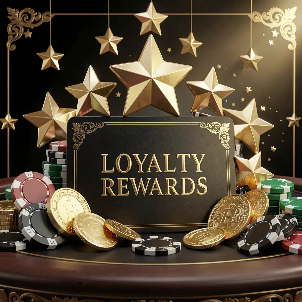 TOP003 loyalty rewards casino image featuring golden stars, poker chips, coins, and a luxury reward card on an elegant black and gold background in a realistic 3D render