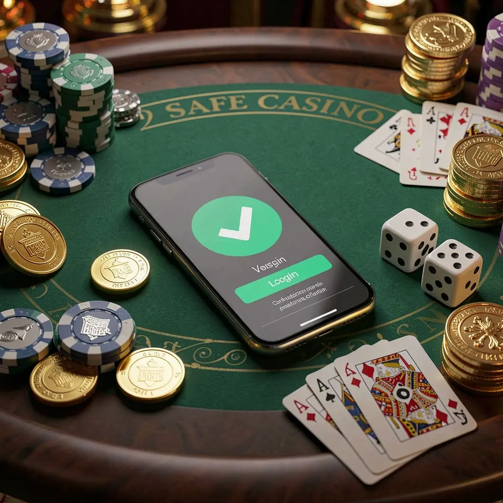 TOP003 safe casino login concept showing a smartphone with a verification checkmark icon surrounded by chips, cards, dice, and golden coins on an elegant luxury casino table in a 3D realistic render