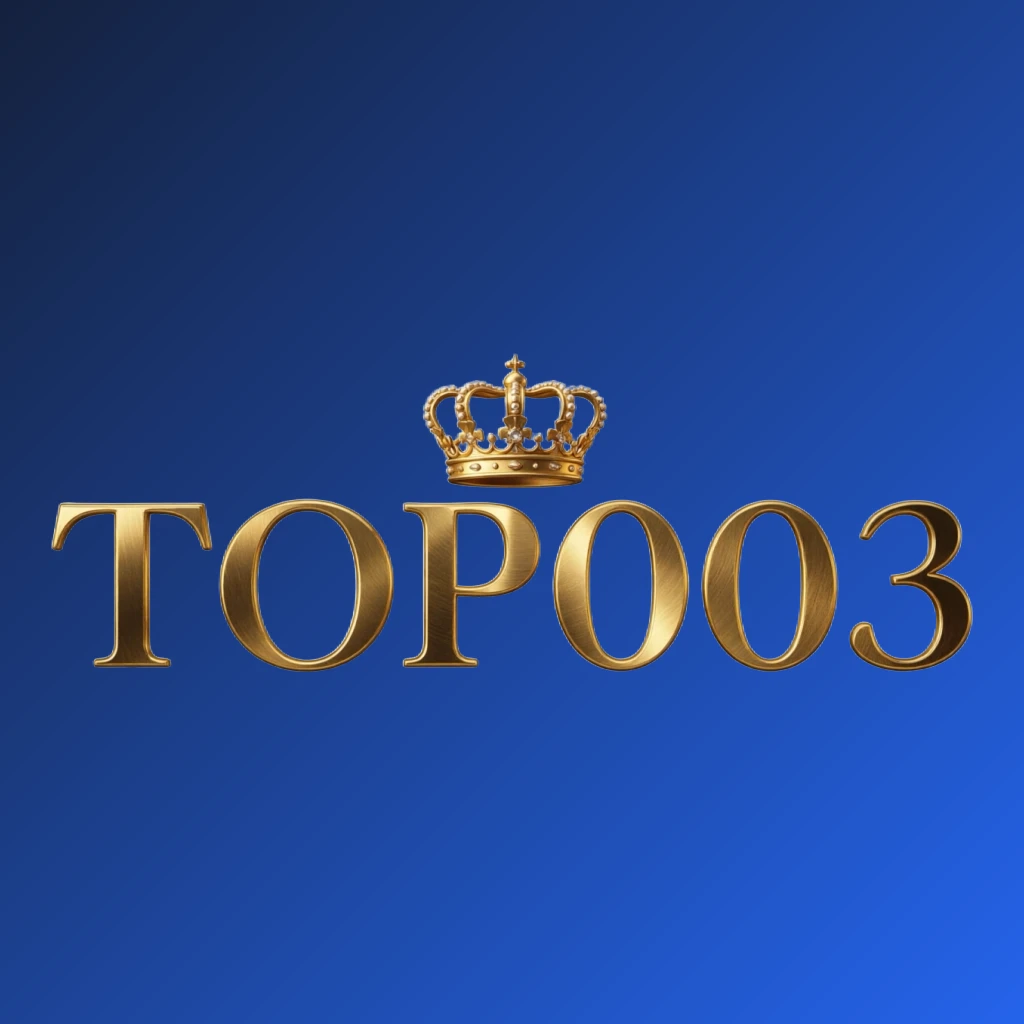 TOP003 luxury brand logo featuring a gold metallic crown above the text TOP003 in a royal design with a transparent background, ideal for a website header