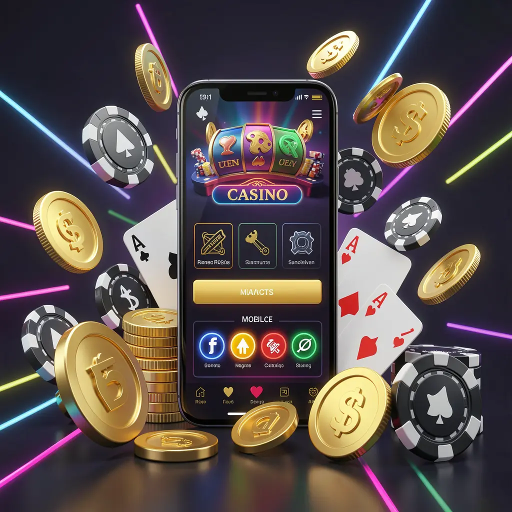 TOP003 mobile casino homepage concept showing a smartphone surrounded by golden coins, chips, cards, and glowing icons on a modern dark background with neon accents
